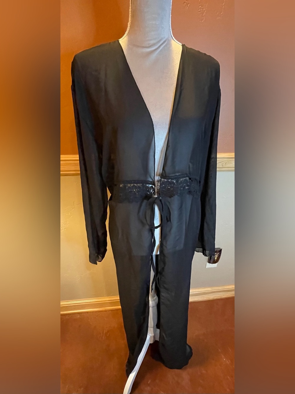 Boohoo Black Sheer Lace-Waist Tie Robe Cover Up